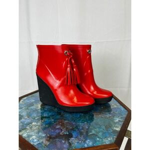 Coach Red Wedge Rain Boots Rubber Tassel Ankle Boots Womens Size 8